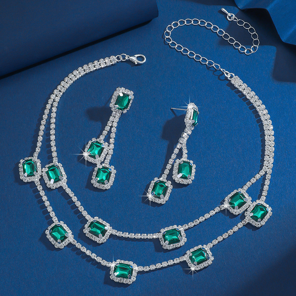 Emerald, diamond and zircon square dangling earrings, regal style earrings, necklace, luxurious wedding dress jewelry
