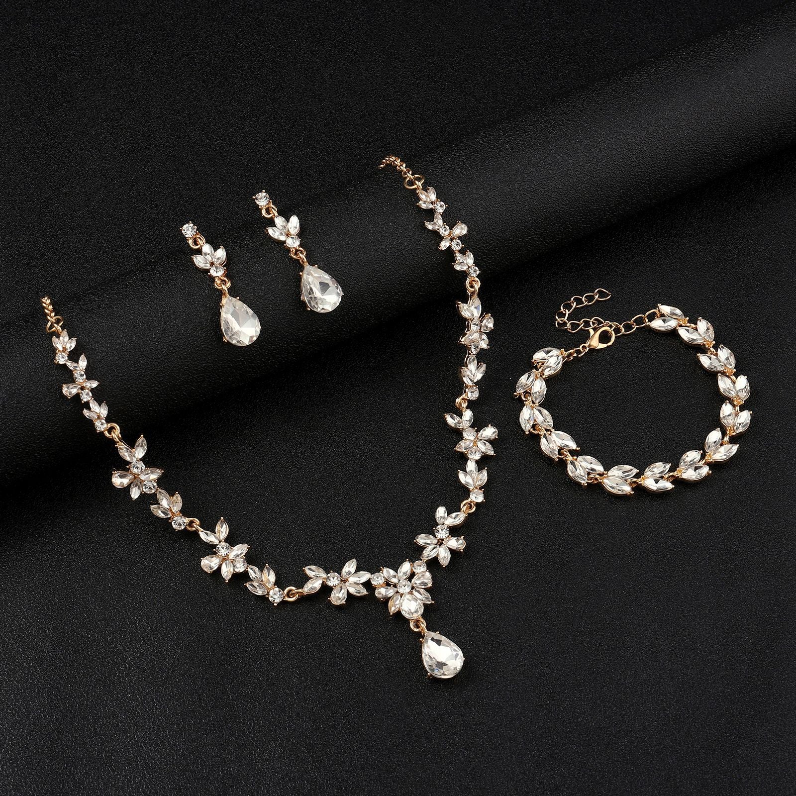 creative plum blossom necklace, earrings, and bracelet jewelry set - alloy, diamond-accented, bridal banquet dress, light luxury style