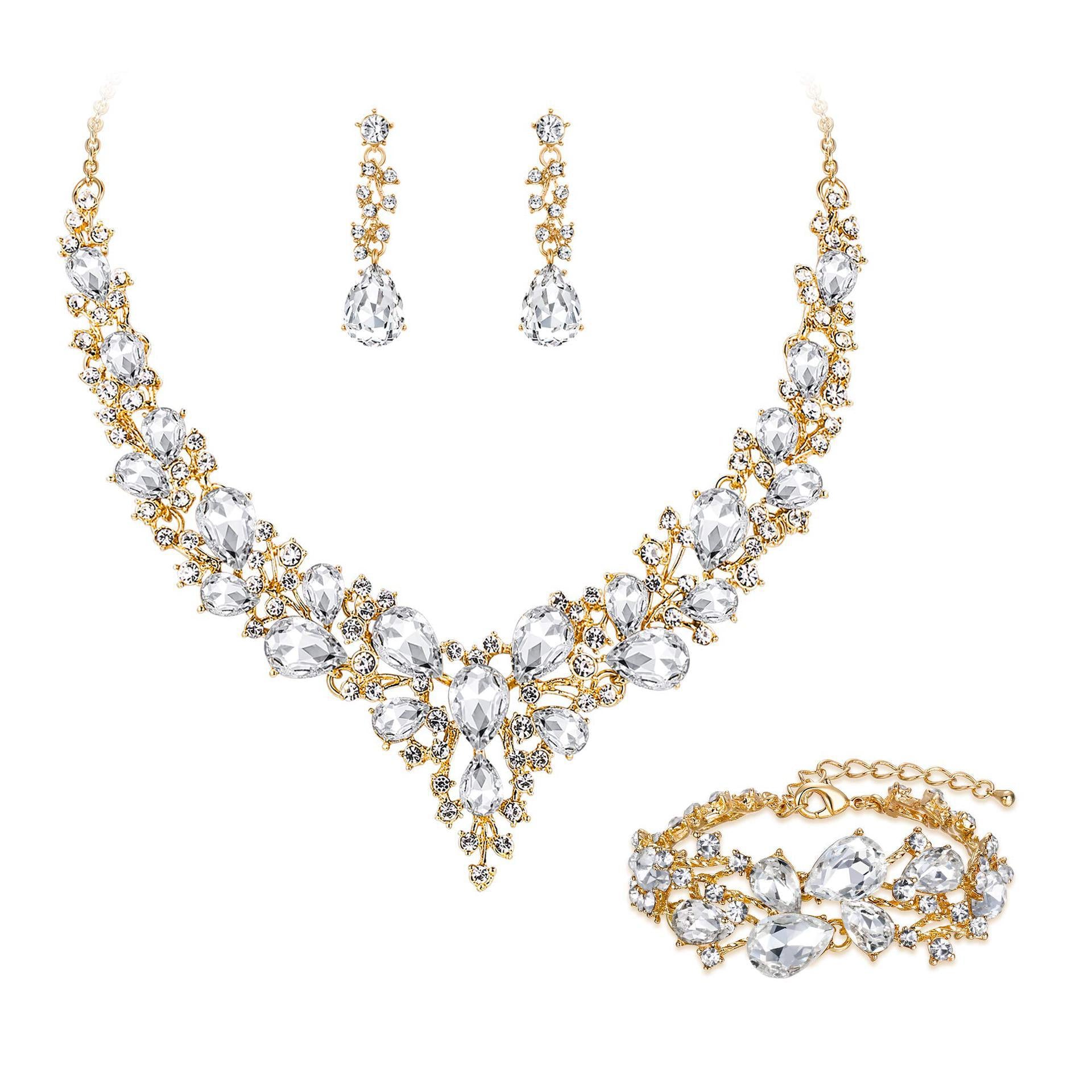 bridal necklace, earrings, and bracelet rhinestone wedding accessories - fashion jewelry set for wedding dresses, evening gowns, and special occasions