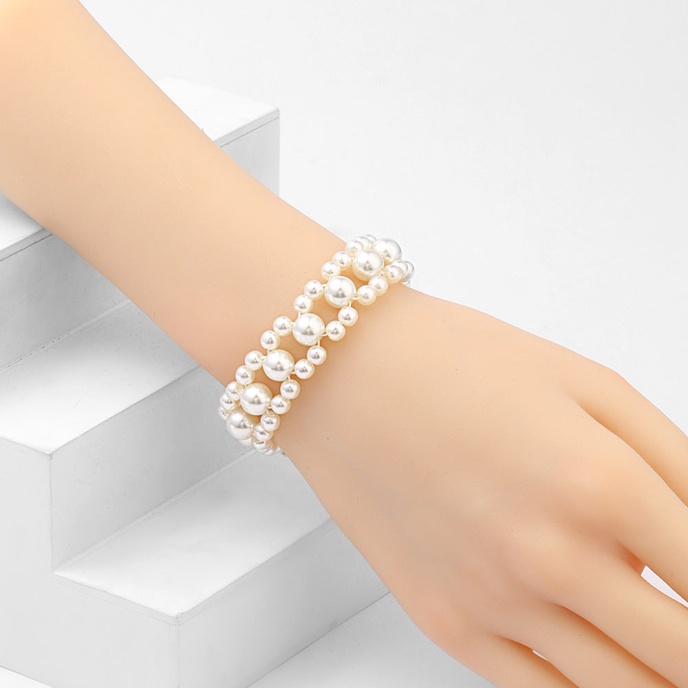 Diamond-studded floral faux pearl bracelet, earrings, and necklace set - fashionable, affordable luxury necklace jewelry pendant