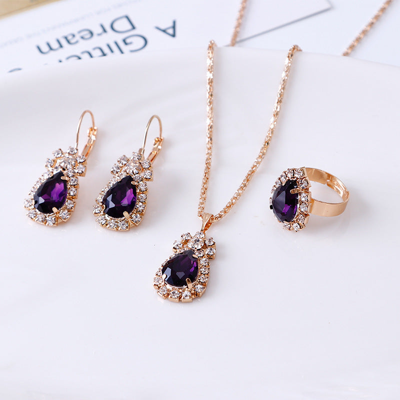 Tear-shaped crystal necklace, earrings and ring set - wedding jewelry three-piece set