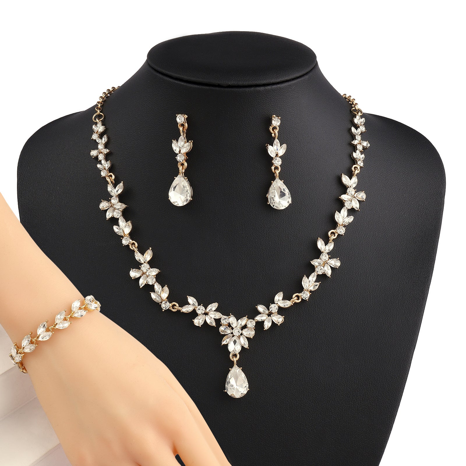 creative plum blossom necklace, earrings, and bracelet jewelry set - alloy, diamond-accented, bridal banquet dress, light luxury style