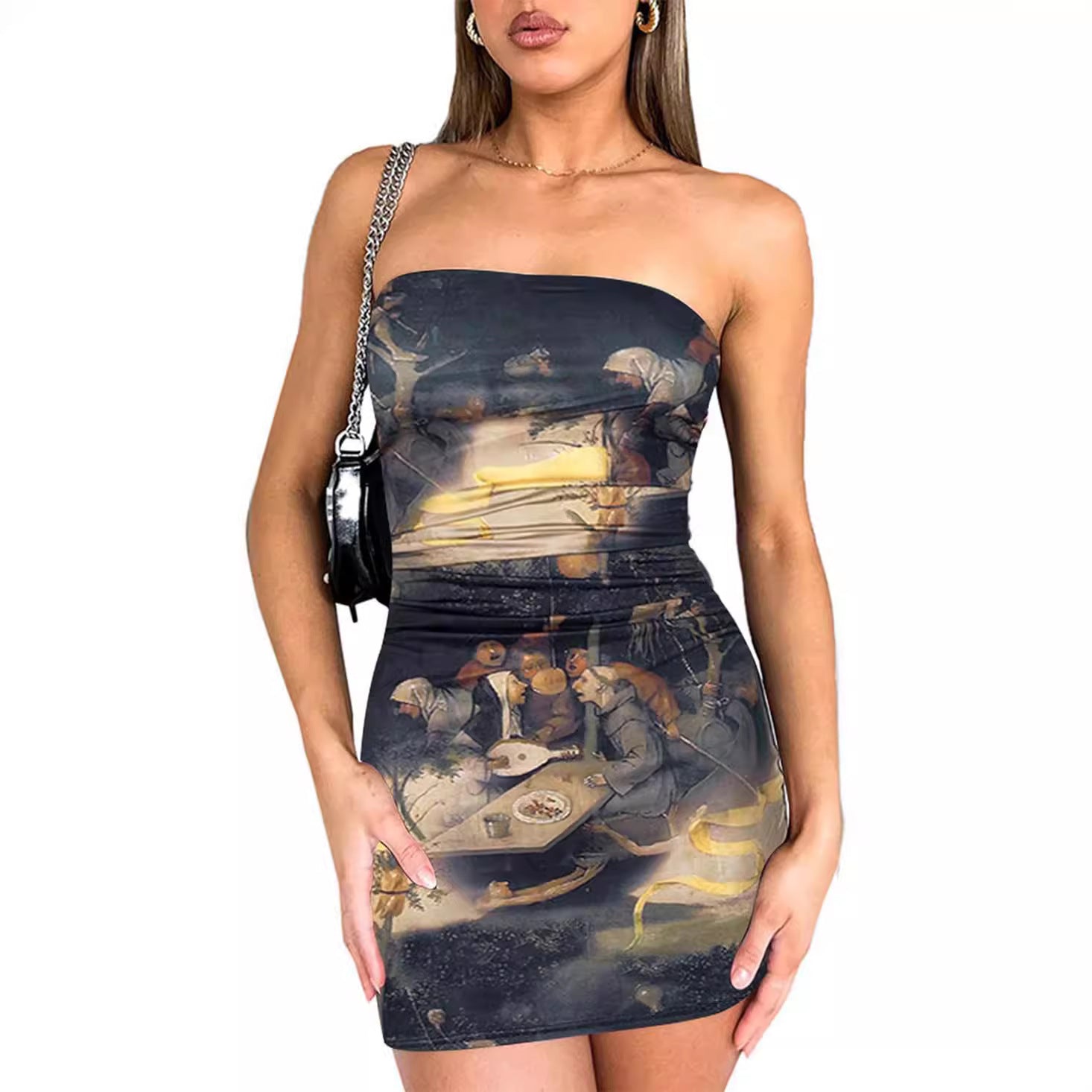 Fashionable strapless printed ruffled one-piece tight mini dress