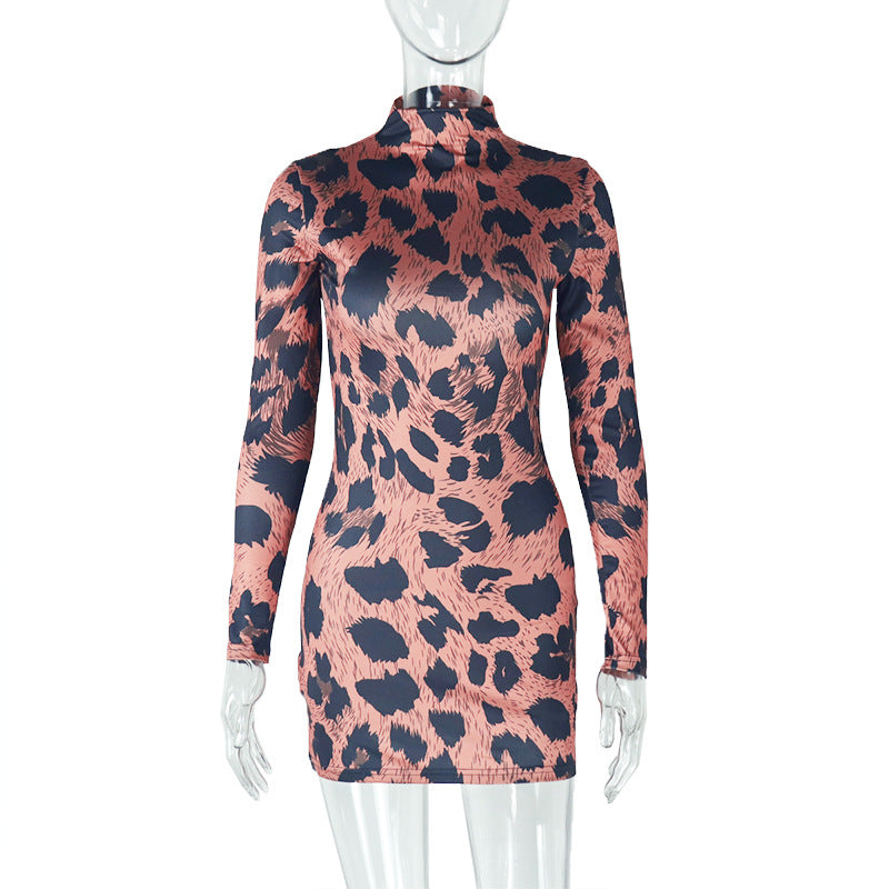 Fashionable women's clothing, featuring leopard print, a sexy and form-fitting short skirt with a low neckline and long sleeves