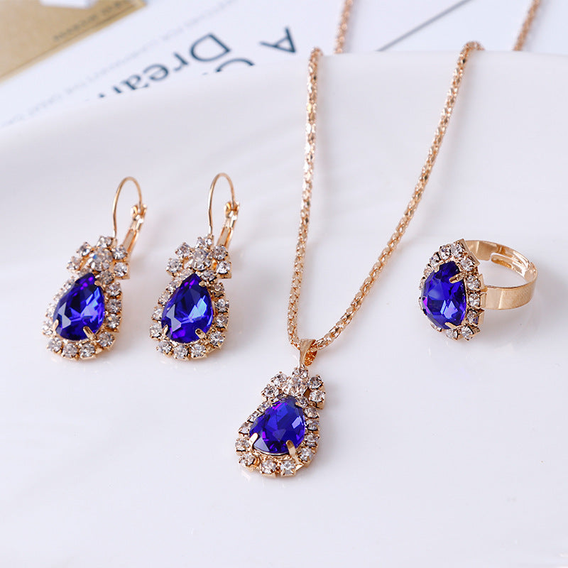 Tear-shaped crystal necklace, earrings and ring set - wedding jewelry three-piece set