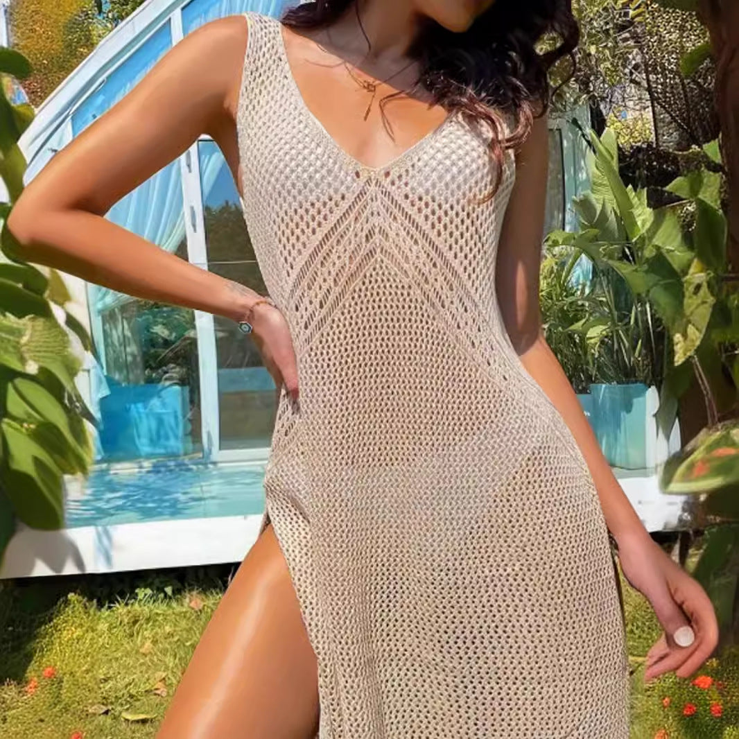 V-neck, sleeveless, solid color, knitted dress