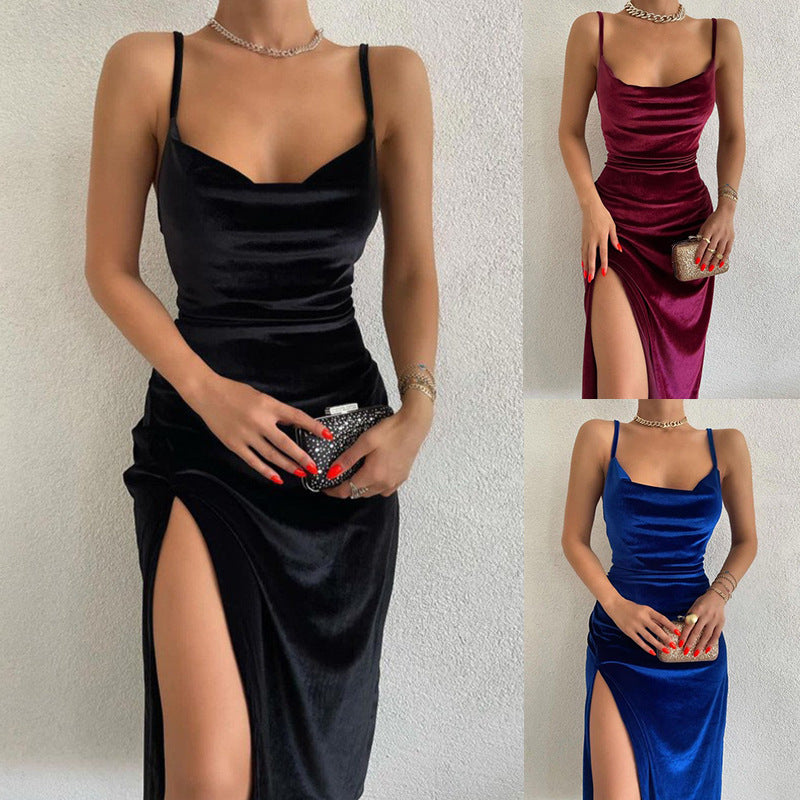 Sexy and form-fitting velvet party dress with an opening at the side