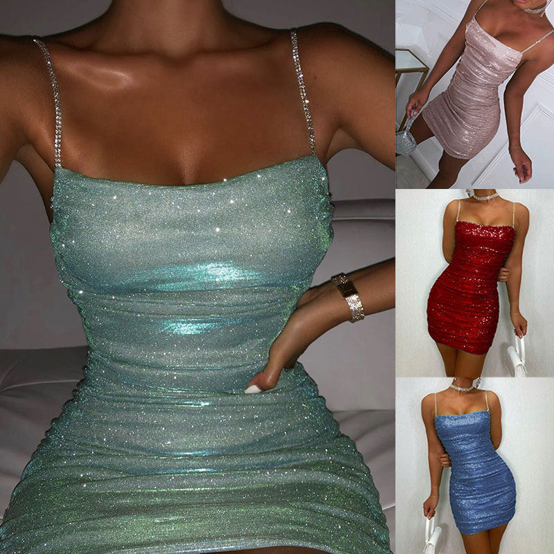 Sexy party dress, a pleated and fitted dress adorned with crystals