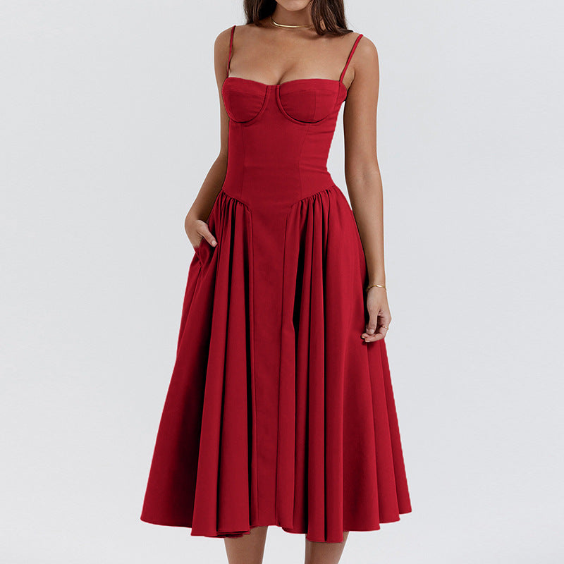 Bright-colored solid-color dress, strapless, tight waistline, fashionable and sexy, long dress