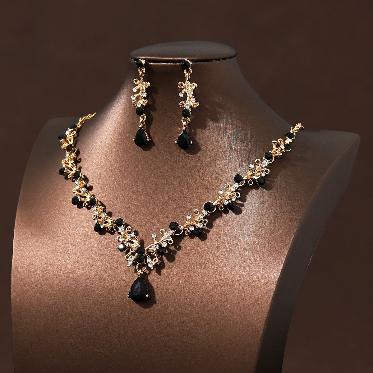 Black super sparkle minimalist retro bridal necklace earring set decoration wedding dress accessories evening party jewelry