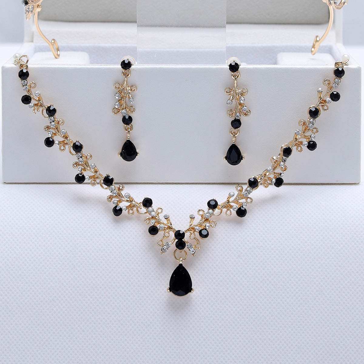 Black super sparkle minimalist retro bridal necklace earring set decoration wedding dress accessories evening party jewelry