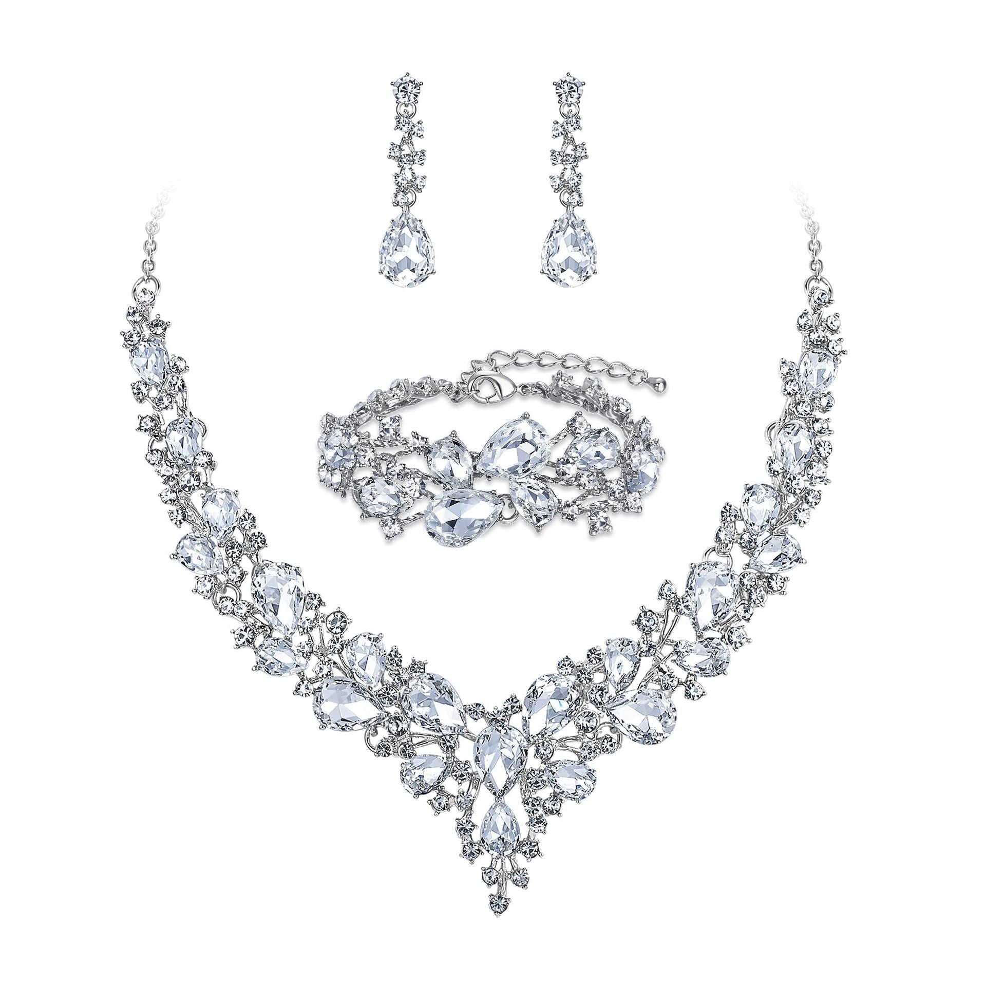 bridal necklace, earrings, and bracelet rhinestone wedding accessories - fashion jewelry set for wedding dresses, evening gowns, and special occasions