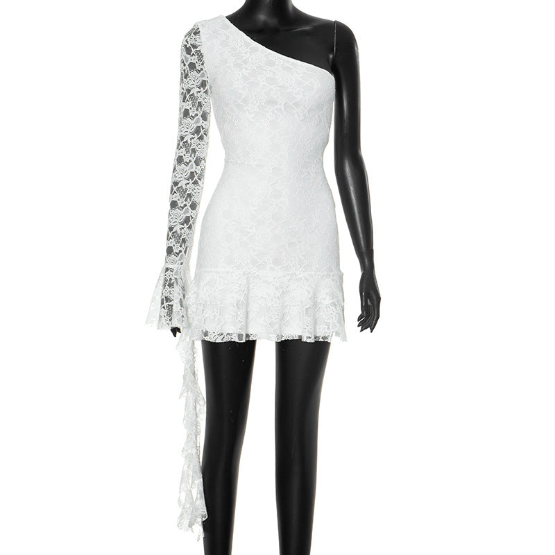 Fashionable one-shoulder, ruffled-edge decorated long-sleeved mini dress