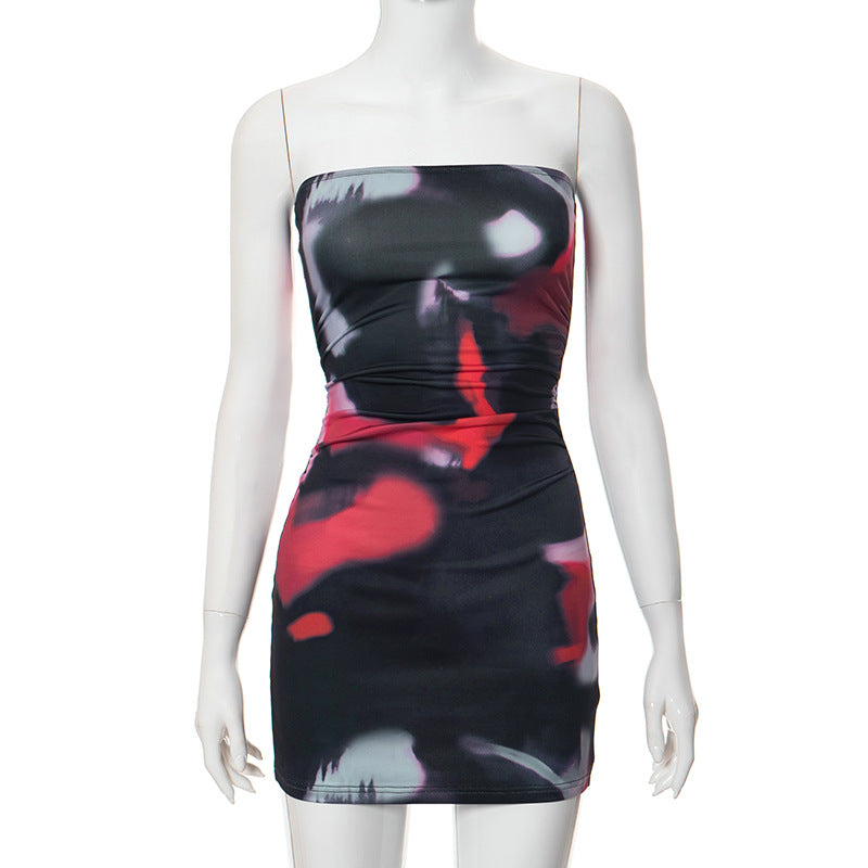 Fashionable strapless printed ruffled one-piece tight mini dress