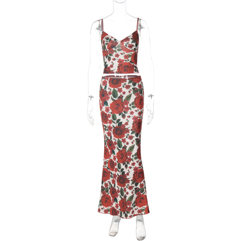 Floral-pattern V-neck halter-top fitted long dress set