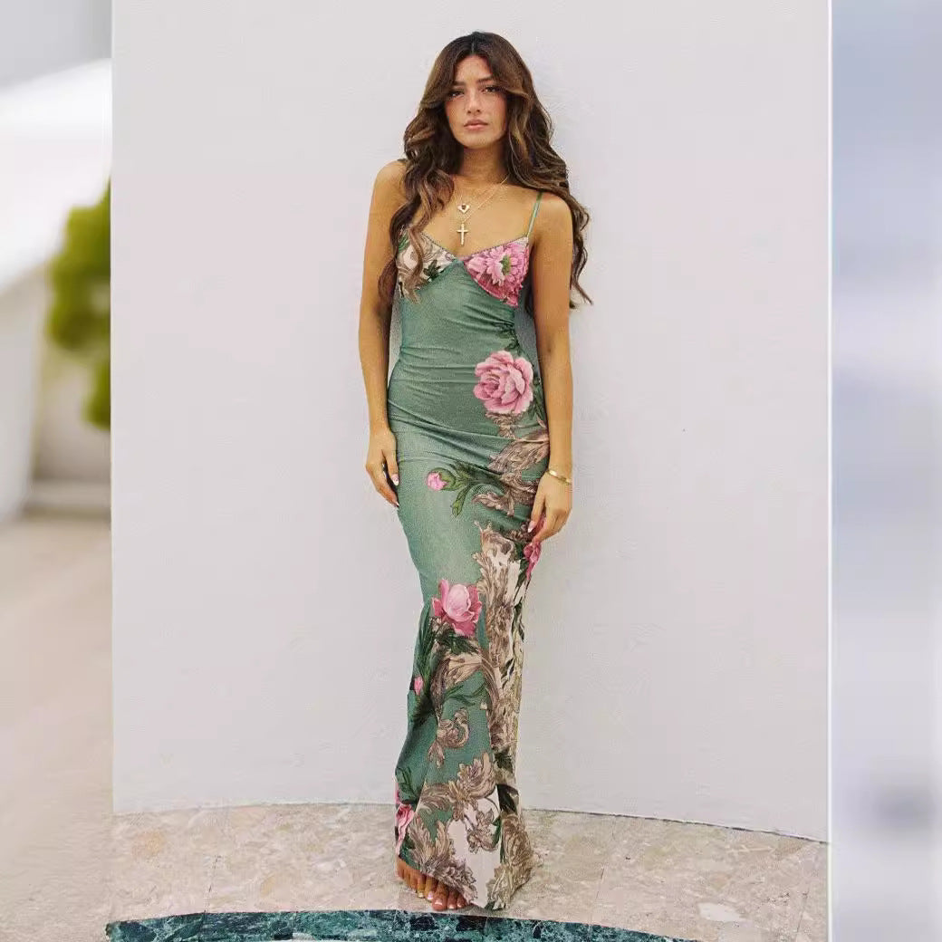 Women's long dress - Suitable for vacation wear, elegant and stylish, with a fitted design, printed pattern, and off-shoulder style