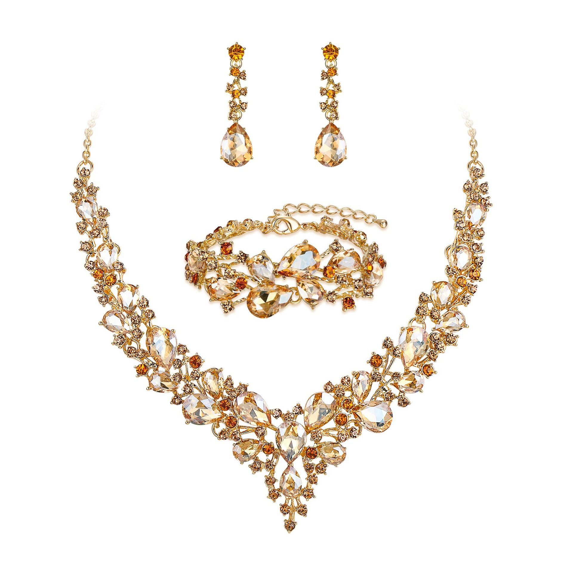 bestselling fashion high-end palace-style diamond-encrusted necklace, earrings, and bracelet set - rhinestone bridal jewelry for banquets