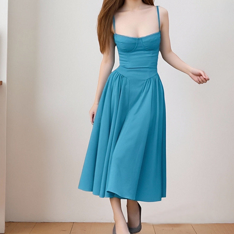 Bright-colored solid-color dress, strapless, tight waistline, fashionable and sexy, long dress