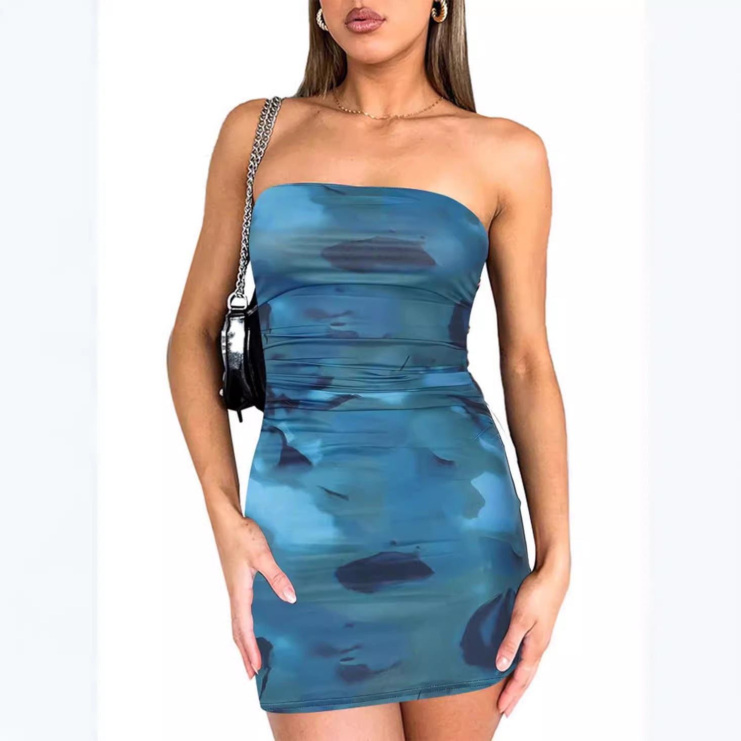 Fashionable strapless printed ruffled one-piece tight mini dress