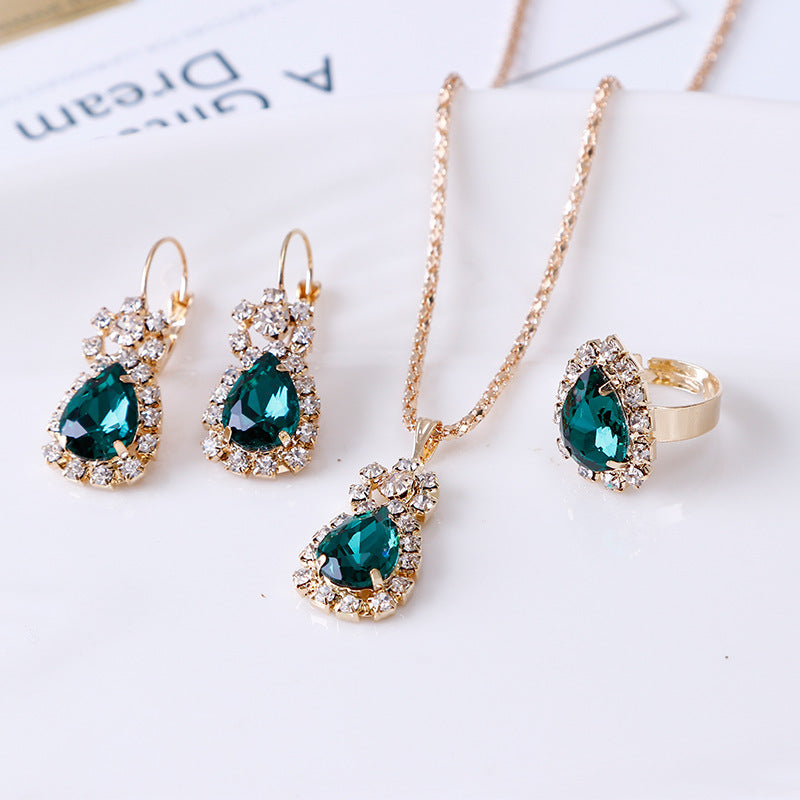 Tear-shaped crystal necklace, earrings and ring set - wedding jewelry three-piece set