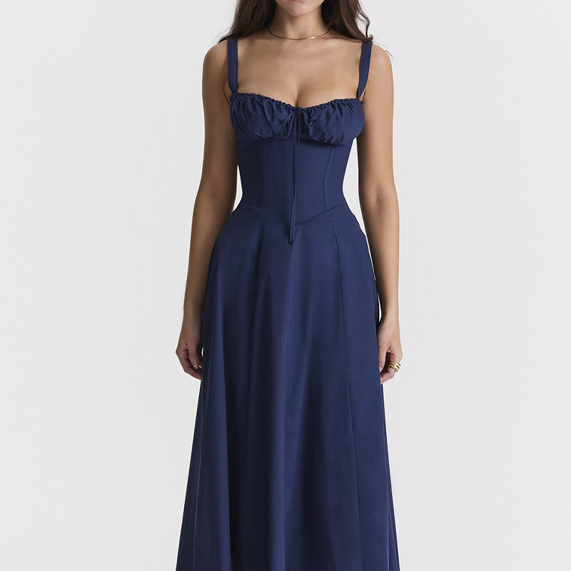 Bright-colored solid-color dress, strapless, tight waistline, fashionable and sexy, long dress