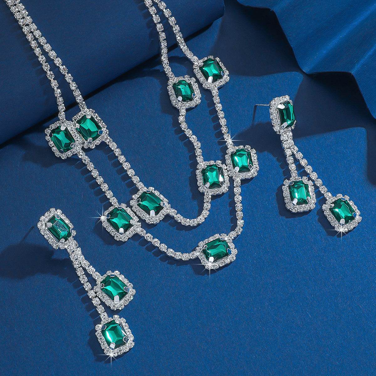 Emerald, diamond and zircon square dangling earrings, regal style earrings, necklace, luxurious wedding dress jewelry