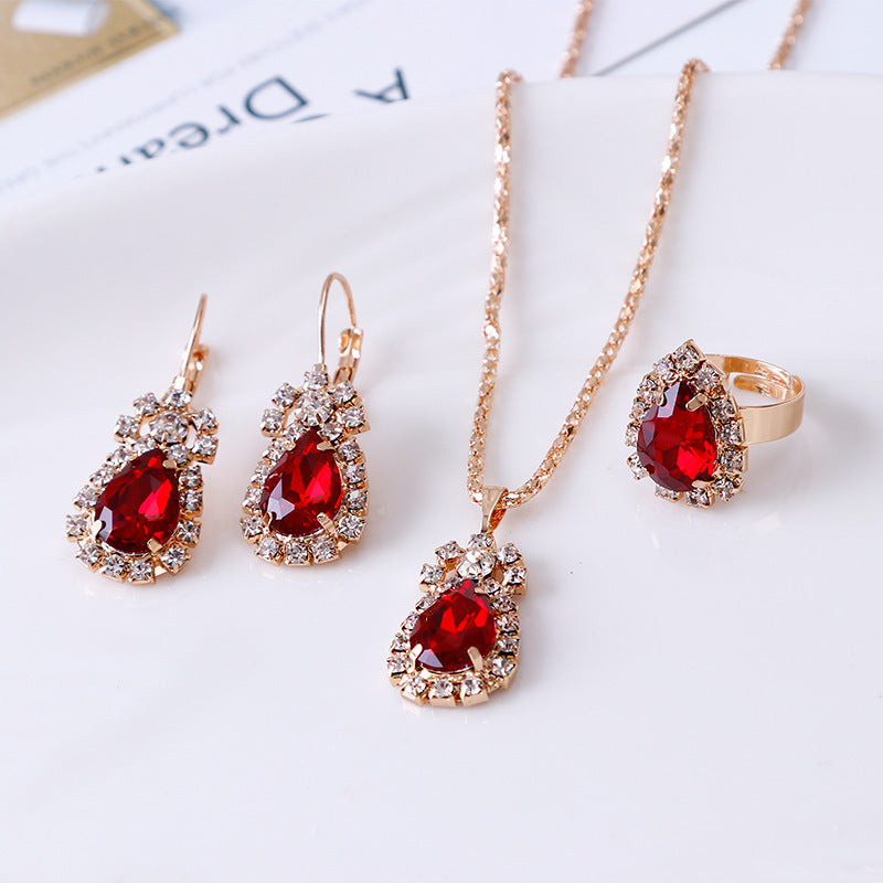Tear-shaped crystal necklace, earrings and ring set - wedding jewelry three-piece set